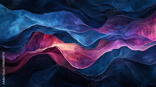 Futuristic neon abstract wave background with glowing pink blue light lines, vibrant digital energy flow, technology wallpaper for music gaming banner design