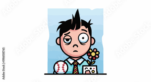Exhausted cartoon boy in school uniform with baseball and sad potted plant