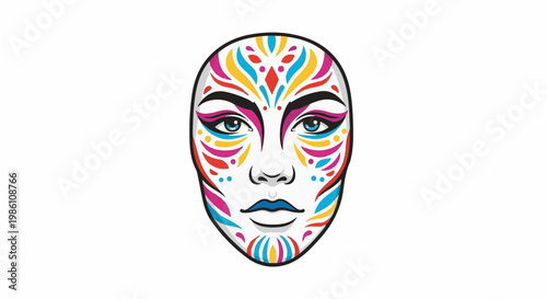 Decorated face with vibrant colors and intricate patterns
