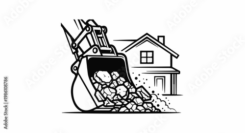 Excavator digging rocks near a house