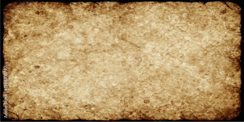 Blank vintage parchment paper with a stained grunge texture lies on an aged brown wooden background as a retro antique frame for your design