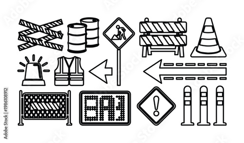 Road construction icons set, black and white outline vector elements, traffic safety equipment and street repair site symbols for urban planning