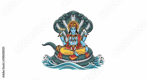 Deity with blue skin, multiple arms, seated on coiled snake over water