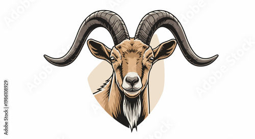 Detailed illustration of a mountain goat's head with large, curved horns