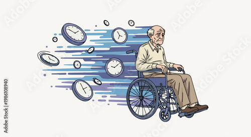 Elderly man in wheelchair watches clocks race past, symbolizing time's passage