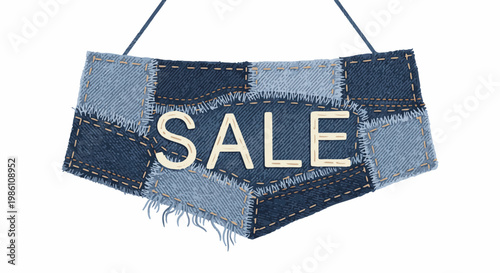 Denim patchwork banner announces a sale with beige letters, frayed edges