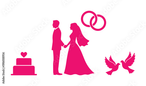 Pink wedding icons set with bride and groom silhouettes, romantic marriage ceremony elements, wedding cake and rings vector illustration