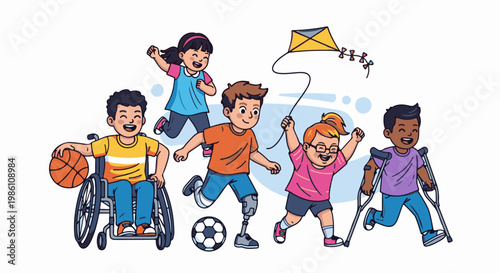 Diverse children enjoy outdoor activities with adaptive sports equipment