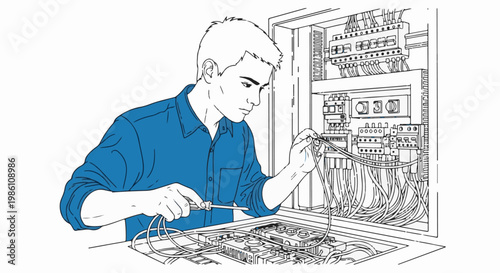 Electrician works on control panel wiring with screwdriver and wires