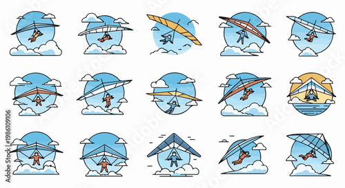 Diverse collection of hang gliders soaring through the sky with clouds