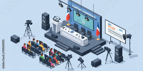 Isometric Corporate Conference Event Stage with Audience Cameras Speakers Podium and Business Seminar Presentation Illustration