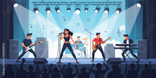 Live Music Concert Stage with Rock Band Singer Guitarists Drummer Keyboard Player and Crowd Performance Illustration