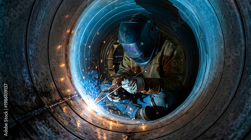 Welder working inside large metal pipe