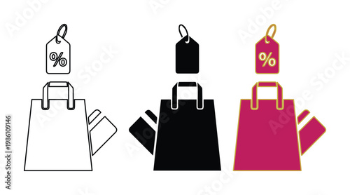 Shopping bag icons with discount tags and credit cards, retail sale vector set, black and pink e-commerce marketing graphics for online store promotions