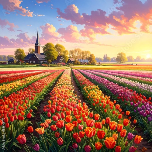 A serene landscape of a vibrant tulip field at sunset