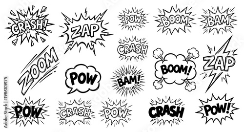 Hand Drawn Comic Sound Effects Collection - Sketchy Black and White POW ZAP BOOM CRASH BAM Words in Burst and Explosion Shapes on White Background