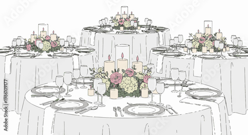 Elegant event tables set with floral centerpieces and tall candles