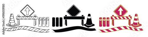 Road construction equipment vector set, traffic safety barriers and cones in flat and outline styles, street maintenance warning icons