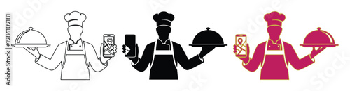 Professional chef silhouette holding food tray and smartphone, restaurant delivery service icons, culinary expert with mobile app vector set