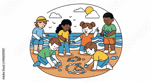 Diverse children enjoy a sunny day at the beach, arranging pebbles