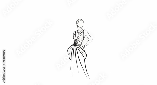 Elegant fashion sketch of a woman in a draped evening gown