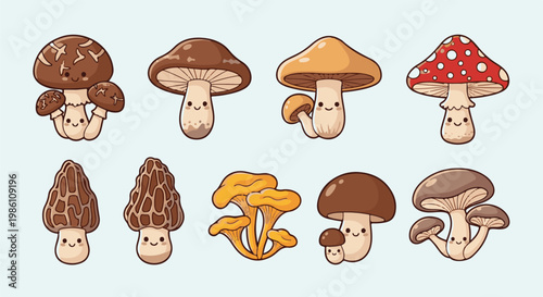 Cute cartoon mushrooms with happy faces and various shapes