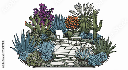 Desert garden vignette with diverse succulent and cactus plants