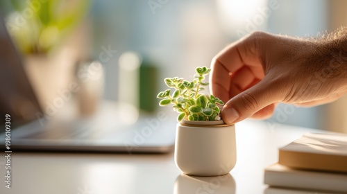 Man places green plant cutting in white pot on office desk
