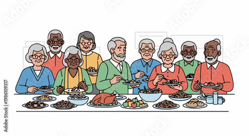 Diverse seniors enjoy a bountiful feast together, smiling and sharing