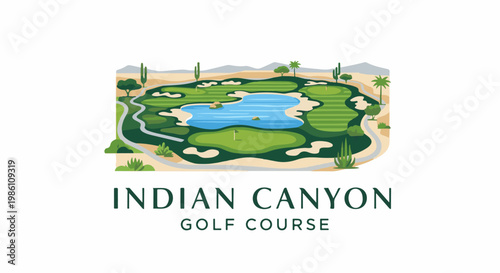 Desert golf course with a lake, sand traps, and palm trees