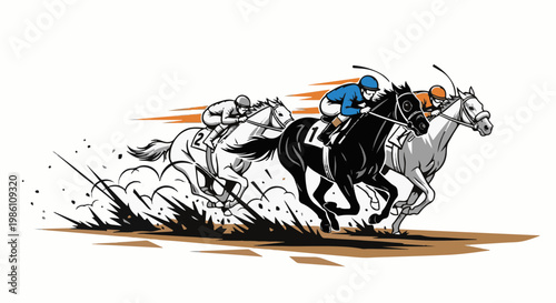 Dynamic horse race illustration with jockeys, dust, and speed lines