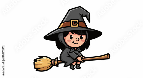 Cute cartoon witch girl with black hair, riding a broomstick