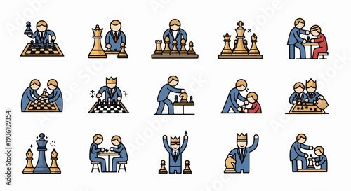 Diverse flat icon set of people playing chess, winning, and learning