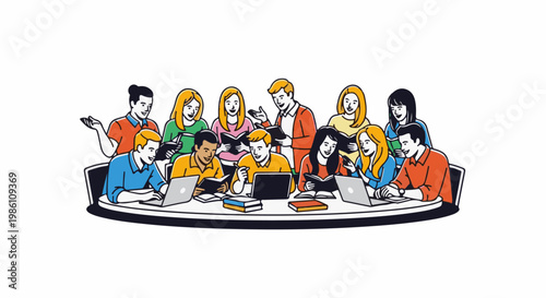 Diverse group collaborates around table, reading, typing, and discussing