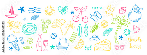 Bright Colorful Summer Icons Set in Doodle Hand Drawn Style. Multicolored Hand Drawn Summer Beach Elements. Whimsical Beach Coastal Line art Icons Sketch. Travel  Trendy Modern Vector Illustration. 