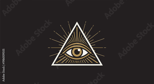 Eye within a triangle emitting rays against a dark background