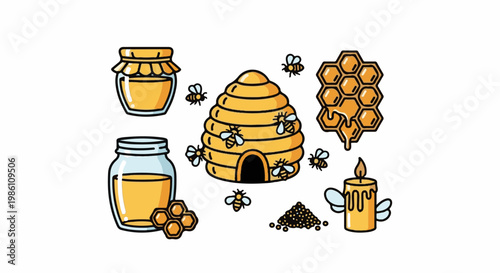 Cute honey-themed icons featuring jars, bees, hive, comb, seeds, and candle