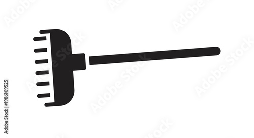 Simple black silhouette of a garden rake on a white background