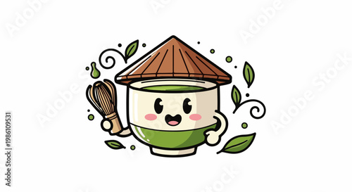 Cute matcha tea cup with bamboo whisk, wearing a conical hat