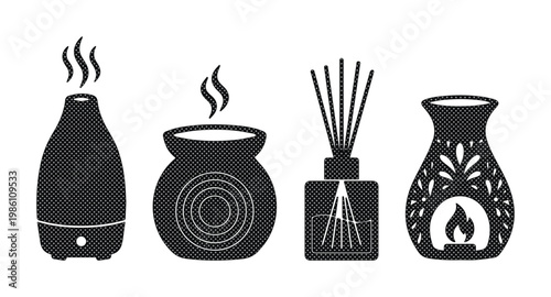 Aromatherapy diffuser icon set, black silhouette essential oil burners and reed diffuser vector, home fragrance and wellness spa equipment