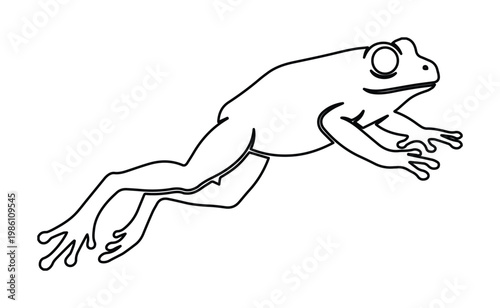 Minimalist frog line art vector, jumping toad outline illustration, black and white amphibian profile drawing for coloring or logo design