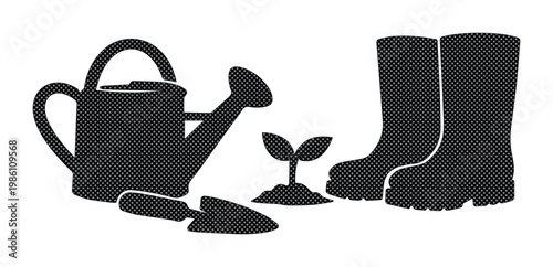 Gardening tools silhouette set, black watering can and rubber boots vector icons, garden trowel and young plant seedling for landscaping design