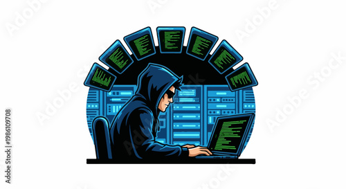 Cyber hacker in a dark hoodie types on a laptop surrounded by screens
