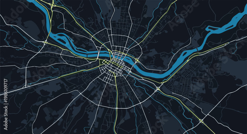 Detailed aerial map of a sprawling city with a prominent river and road network