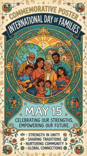 Commemorative poster of “International Day of Families – May 15,” emphasizing unity, community, and global connection, highlighting themes of togetherness, shared traditions, and collective strength.