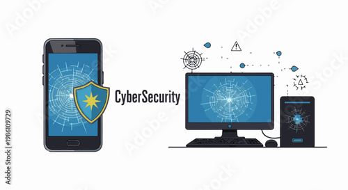 Cyber security icons A damaged smartphone and computer with shields