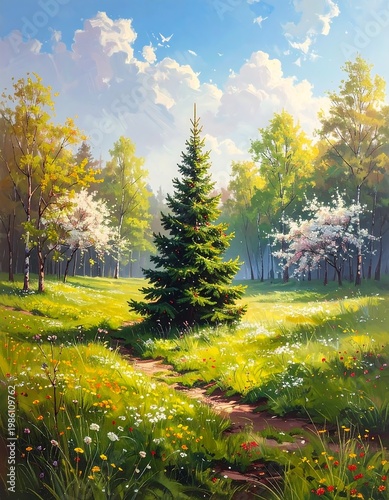 A serene landscape with a pine tree in a lush green meadow