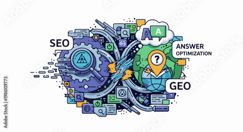 Digital gears, planet, map pin, search icons, and text create an SEO concept