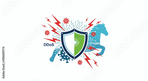Cybersecurity shield, horse, viruses, and lightning bolts represent digital threats