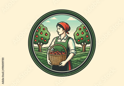 Retro Vector Illustration of a Woman Farmer Carrying a Wicker Basket of Fresh Red Apples in an Orchard, Vintage Agriculture Harvest and Organic Farming Emblem